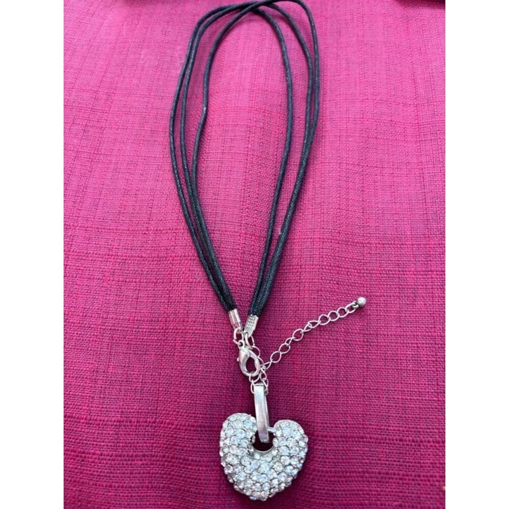Rhinestone Heart Pendant Necklace Black Multi Strand Cord Silver Tone Y2K